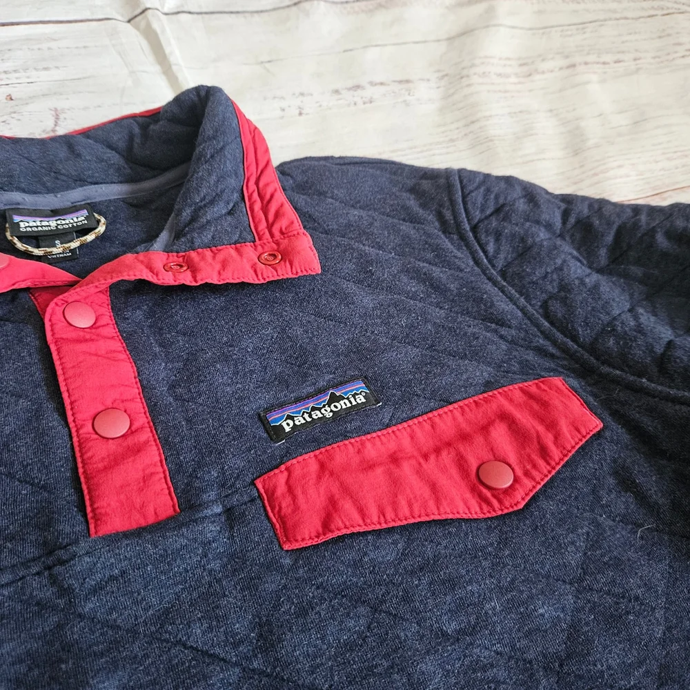 Patagonia Organic Cotton Quilted Snap-T Pullover Blue Red Mens Small